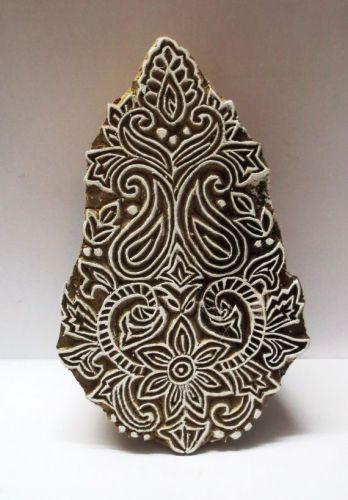 WOODEN HAND CARVED TEXTILE FABRIC PRINTER BLOCK STAMP UNIQUE SHAPE PAISLEY FLORA