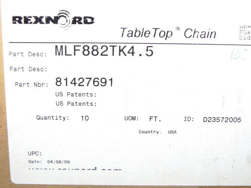 REXNORD MLF882TK4.5 TABLE TOP CHAIN MLF882TK4-1/2 10FT NEW IN BOX 81427691