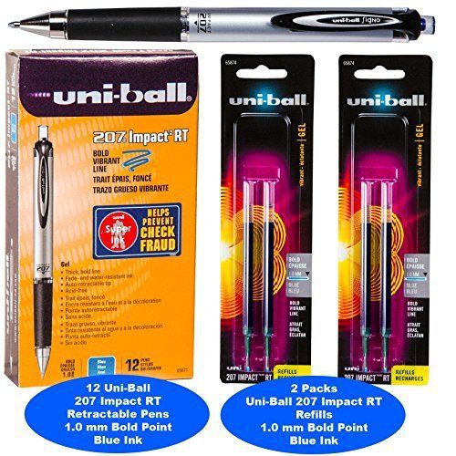 Uni-ball Signo Impact 207 Rt Pens, Blue Gel Ink, 1.0mm Bold Point, 3 Pens with 4