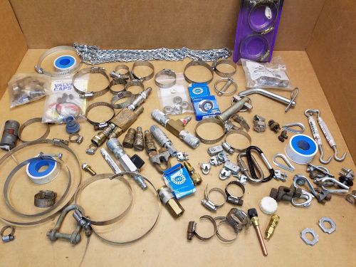 Lot of assorted ss hose clamps, air fittings, steel cable clamps, ball bearing for sale