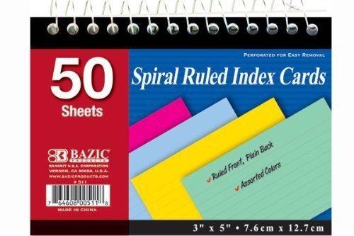 Bazic Spiral Bound 3 Inch X 5 Inch Ruled Colored Index Card - 50 Ct. ( Pack of