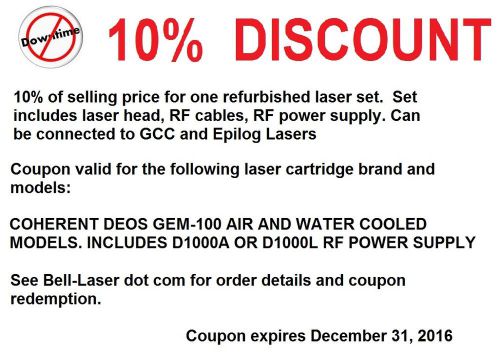 Coupon 10% off Coherent DEOS GEM 100A laser head with D1000 RF Power Supply