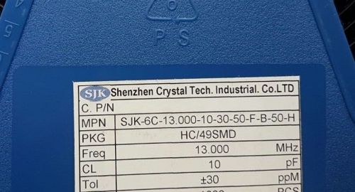 LOT OF 200 PCS. SJK-6C-13.000-10-30-50-F-B-50-H Quartz Crystal Resonator,ROHS