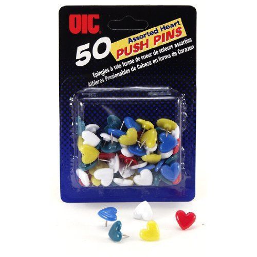 Officemate OIC 50 Pack Push Pins, Heart Shape, Assorted Colors 92805