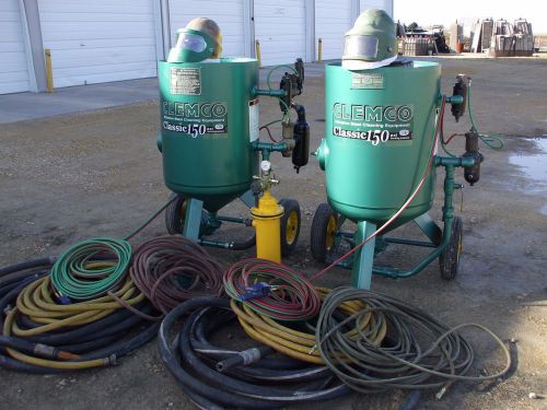 Two 600 lb Clemco sandblast pots, blast hose, Bullard helmets, air controls