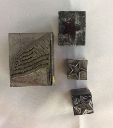 LOT OF 4 VTG RARE METAL LETTERPRESS PRINTER&#039;S BLOCK 50 STAR US FLAG AND STARS