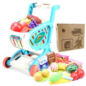 1 Set Blue Simulation Supermarket Large Shopping Cart Toy Cut Fruits Vegetables