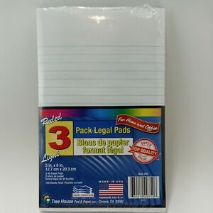 3 WHITE LEGAL NOTE PADS Pack Small Size 5&#034; x 8&#034; Lined Ruled 120 Sheets USA Made