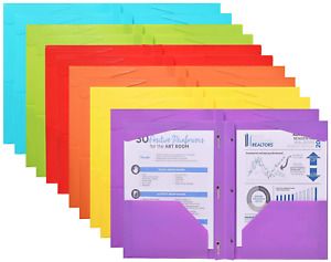 JISUSU 12 Pack Heavy Duty Plastic Folders with Pockets and Prongs , 2 Pocket Pla