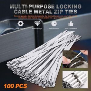 100Pcs 13&#034; Stainless Steel Metal Cable Zip Tie Self Lock Strap Strong Metal Lock