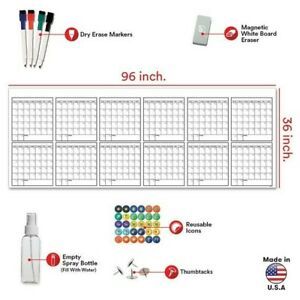 Large Dry Erase Wall Calendar - 36&#034; x 96&#034; - Undated Blank Reusable Yearly -