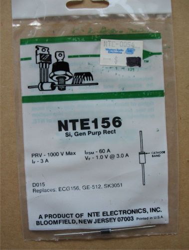 NTE Electronics 156 General Purpose Rectifier Silicon PRV-1000V Ifsm-60A If-3A