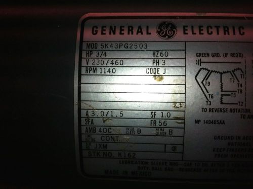 GE, 3/4 HP, Model 5K43PG2503, electric motor, 3 phase, RPM-1140