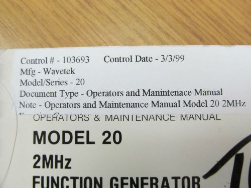 Wavetek Model 20 2MHz Function Generator Operators and Manintenace Manual w/ Sch