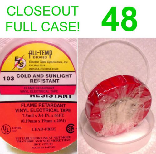 CLOSEOUT FULL CASE! 48 NEW ROLLS ALL TEMP VINYL ELECTRICAL TAPE,7.5m RED