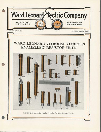 Ward leonard electric co. 1926 illustrated bulletin 63.. vitrohm resistor units for sale