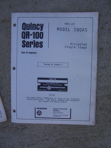 1975 quincy qr-100 series model 100as air cooled air compressor parts list r for sale