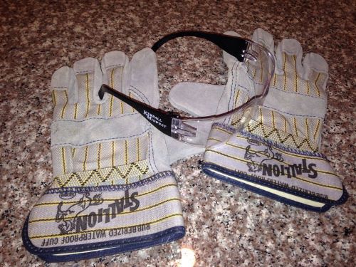 2 pairs- clear safety glasses &amp; stallion boss work gloves with waterproof cuffs for sale
