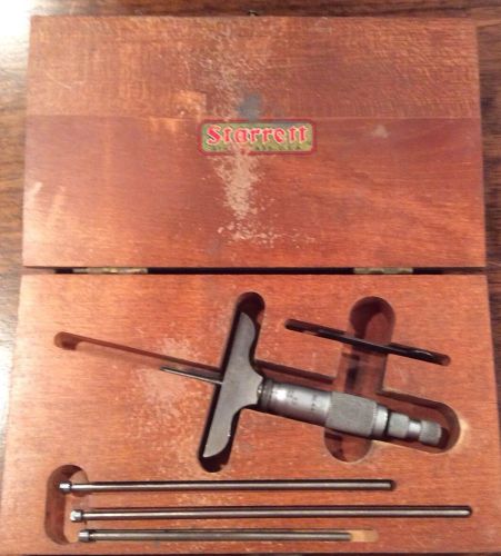 Vintage starrett no. 440 - 3rl depth gauge micrometer set in original wooden box for sale