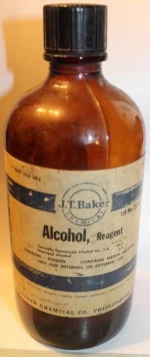 Vintage JT BAKER Alcohol Reagent Amber Bottle Lab Laboratory Apothecary NR