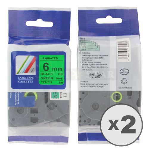2pk Black on Green Tape Label Compatible for Brother P-Touch TZ TZe 711 6mm 1/4&#034;