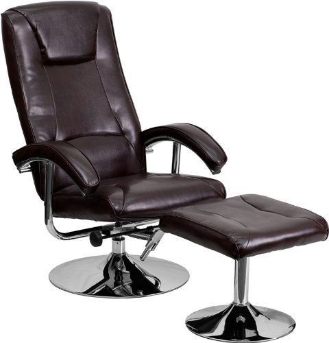Leather Recliner w/ Ottoman, Chrome Base Contemporary Brown Office Furniture New
