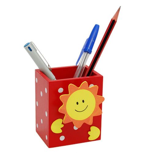 Smile Sun Red Wooden Pencil Pen Holder with Memo Clip