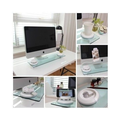 Desk Organizer Home Office Computer Desktop USB HUB Phone Stand Tempered Glass