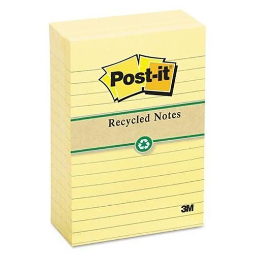 3m 660RPYW Recycled Notes, 4 X 6, Lined, Canary Yellow, 12 100-sheet Pads/pack