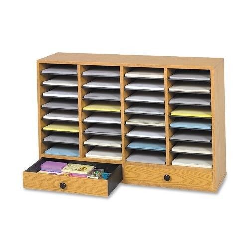 Wood Adjustable Literature Organizer 32 Compartment w Drawer Home Office School