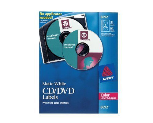 Avery Cd/dvd Label - 30 / Pack - Circle - 2/sheet - Laser, Inkjet - White (6692)