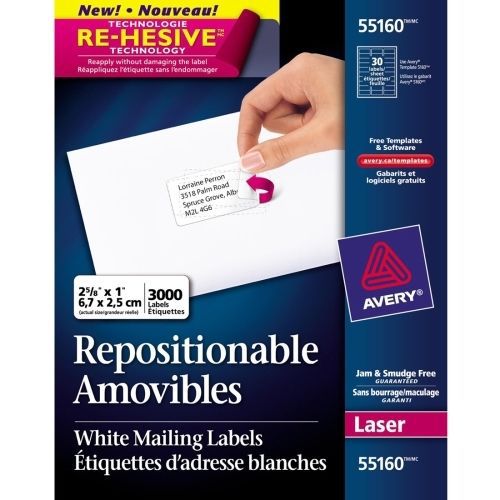 Avery Repositionable Mailing Label - 2.63&#034; W x 1&#034; L - 3000/Box - Laser