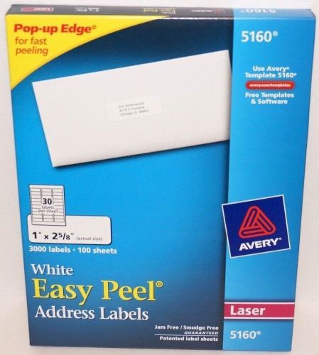NEW! Avery® 5160 White Laser Easy Peel® Address Labels, 1&#034; x 2-5/8&#034;, 3000/Pack