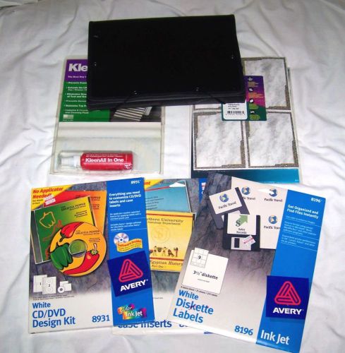 LOT OF 5 PIECE OFFICE SUPPLIES - FILE CASE, CD LABELS,POST CARD, CLEANER,ETC...