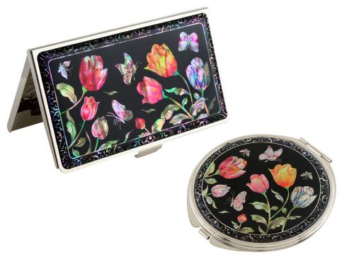 Nacre tulip Business  card holder case Makeup compact mirror gift set #05