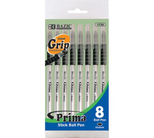 BAZIC Prima Black Stick Pen w/ Cushion Grip (8/Pack), Case of 144
