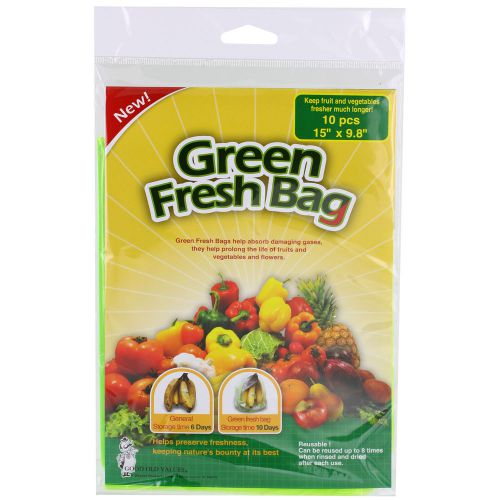 Reusable Green Fresh Bags 15&#034; x 9.8&#034; - Prolong Fruits, Vegetables, Pack of 10
