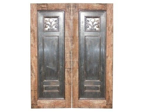 Salvage wood  double door with steell  panel  and hand forged iron detail 1910&#039;s for sale