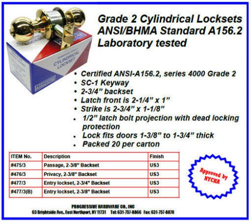 Progressive cylindrical entrance lockset, 2 3/4&#034; backset, 477/3, polished brass for sale
