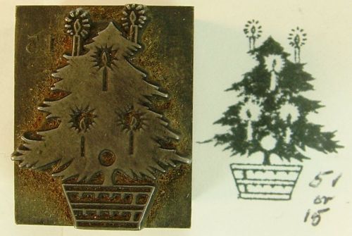 VINTAGE LETTERPRESS ALL-METAL: CHRISTMAS ORNAMENT: ORNATE TREE W/ CANDLES IN POT