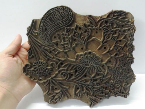 VINTAGE WOODEN HAND CARVED TEXTILE PRINTING FABRIC BLOCK STAMP LARGE UNIQUE