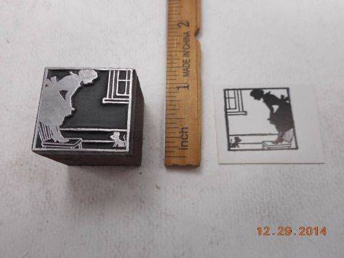 Printing Letterpress Printers Block, Mouse frightens Woman standing on Chair