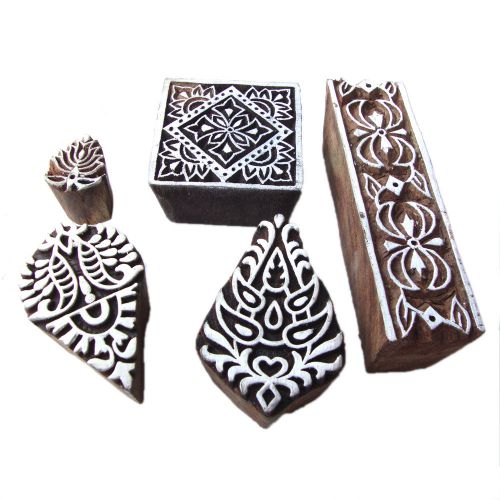 Wooden Floral Motifs Hand Carved Design Tags for Block Printing (Set of 5)