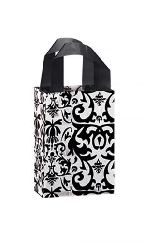 100 Small Black Damask Frosted Plastic Bottom Provide Shopping Bag 5”x3”x7&#034;+B1: