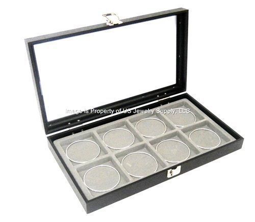 1 glass top lid grey 8 space collectors display box case bangle pins medals for sale