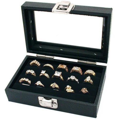 Wholesale 12 Glass Top Lid 3 Row Black Ring Jewelry Display Organizer Cases
