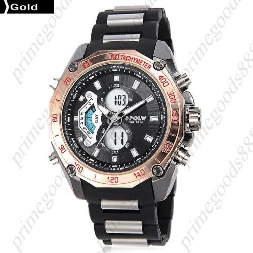 2 Time Zone Zones Silicone Date Digital Analog Quartz Men&#039;s Wristwatch Gold