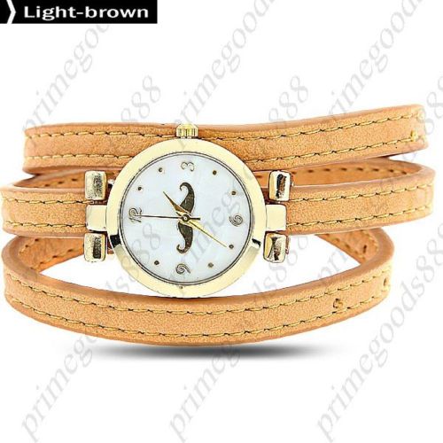 Mustache Gold PU Leather Quartz Wrist Wristwatch Lady Ladies Women&#039;s Light Brown