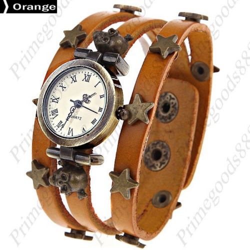 Stars skull analog pu leather quartz wrist lady ladies wristwatch women&#039;s orange for sale