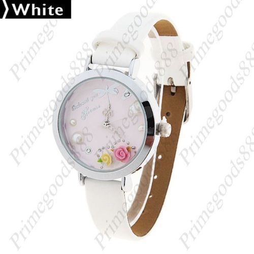 Dragonfly Flowers PU Leather Strap Quartz Wrist Wristwatch Women&#039;s White